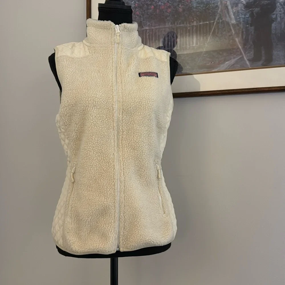 Vineyard Vines Sea View Sherpa Quilted Vest Womens XS Ivory White Full Zip